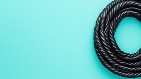 A high-quality image featuring a black twisted rope arranged in a circular shape against a vibrant turquoise background, ideal for design and lifestyle projects.の素材