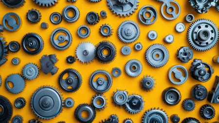 A striking arrangement of various metal gears and cogs displayed against a bold yellow background, perfect for industrial, engineering, or design projects.の素材