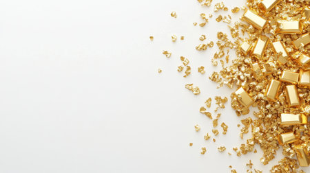 A captivating arrangement of gold bars and shimmering flakes on a pristine white background, ideal for concepts related to wealth, luxury, and investment.の素材