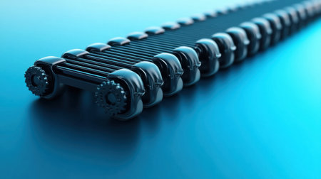 This image depicts a futuristic mechanism featuring metallic cylinders arranged in a smooth, abstract pattern. The blue gradient background enhances the modern aesthetic, perfect for technology and innovation themes.の素材