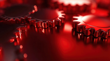 A captivating close-up of shiny red gears reflecting on a smooth surface, showcasing intricate details and depth. Perfect for industrial and tech themes.の素材