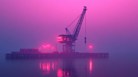 A serene industrial scene capturing a crane in a foggy harbor at dusk, surrounded by neon lights reflecting on the calm water surface.の素材