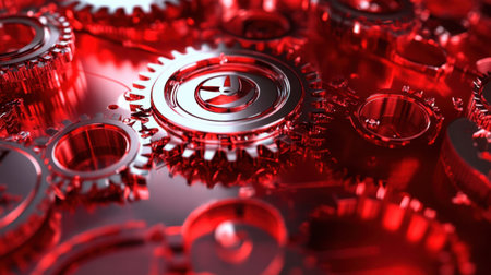 Close-up view of intricate red gears and cogs arranged in an artistic composition. This image embodies precision and innovation in mechanical design, ideal for technology-related themes.の素材