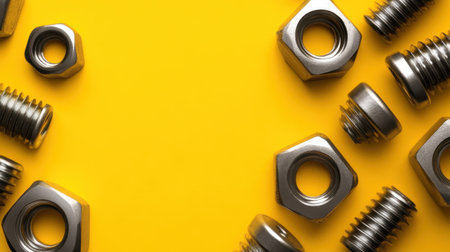 An arrangement of assorted metal nuts and bolts contrasting against a vibrant yellow background. Ideal for industrial, DIY, and mechanical projects.の素材