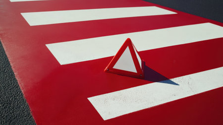 A vibrant red and white pedestrian crossing features a prominently placed warning triangle, signaling caution and promoting road safety awareness for all users.の素材