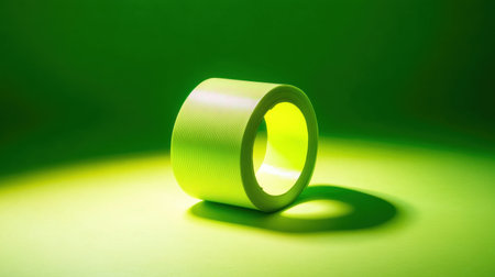 A vibrant bright green adhesive tape roll is showcased on a matching green surface, creating a striking visual contrast with soft shadows.の素材