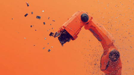 This striking image features a robotic arm disassembling electronic components against a vibrant orange background, embodying modern technology and innovation.の素材