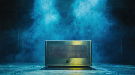 A sleek microwave oven sits prominently in a misty environment, illuminated by dramatic blue lighting, showcasing modern kitchen technology in artful composition.の素材