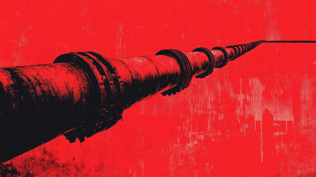 A dramatic perspective of an industrial tube set against a vibrant red background, evoking themes of urban connectivity and modern design.の素材