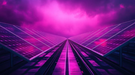 A striking scene featuring solar panels stretching towards a vibrant purple sky filled with dramatic clouds, creating a unique and futuristic atmosphere.の素材