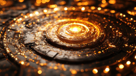 A stunning abstract image featuring a glowing spiral pattern enriched with luminous particles, creating a cosmic atmosphere against a dark backdrop, perfect for digital art and design projects.の素材