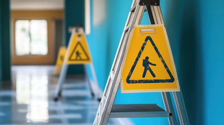 A brightly colored indoor hallway features a caution wet floor sign on a ladder, emphasizing safety awareness and attention in a maintenance area.の素材