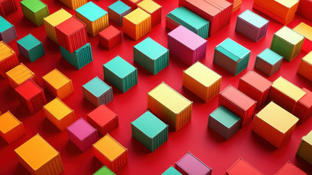This striking image showcases a variety of colorful 3D boxes and containers arranged on a bold red surface, creating a visually appealing abstract composition ideal for diverse creative projects.の素材