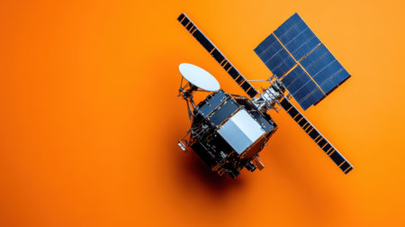 A striking image of a satellite model showcasing intricate solar panels and technology features against a vivid orange background, perfect for science and innovation themes.の素材