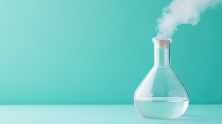 A clear laboratory flask filled with liquid sits against a vibrant turquoise background, with steam rising from the cork, symbolizing science and innovation.の素材