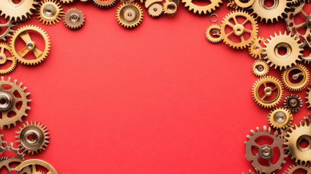 This image features a creative arrangement of metallic gears on a striking red background, perfect for themes of industry, technology, and engineering.の素材