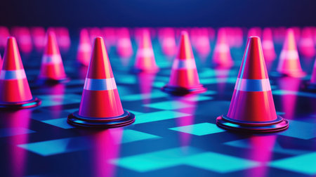 A striking display of neon traffic cones set against a vibrant graphic pattern, creating a modern and colorful visual that enhances any design project.の素材