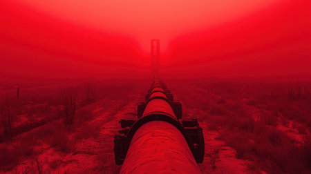An industrial pipeline stretches into a mysterious red haze, creating an eerie atmosphere in a deserted landscape. The image evokes feelings of isolation and drama.の素材