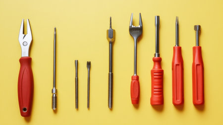 A colorful array of hand tools displayed on a bright yellow background, perfect for showcasing a variety of equipment for DIY and repair projects.の素材