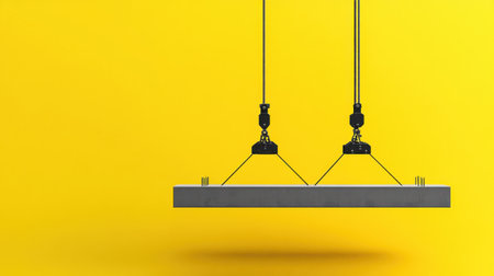 This striking image features a strong crane lifting a concrete slab against a bright yellow backdrop, highlighting industrial construction precision and heavy machinery use.の素材
