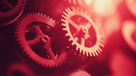 This image features intricate metal gears interlocking in vibrant red lighting, showcasing a mechanical and industrial theme ideal for creative projects.の素材
