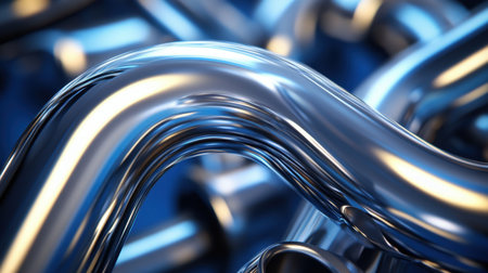 This captivating image features a close-up view of a chrome metal pipe, showcasing its intricate curves and reflective surface against a blue background.の素材