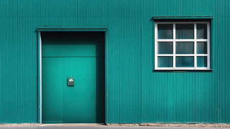 A vibrant green industrial door paired with a white window, set against a textured wall, showcasing modern architectural design and minimalism.の素材
