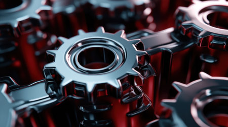 This detailed close-up image features interlocking metallic gears with a smooth finish against a bold red background, showcasing industrial design and precision.の素材