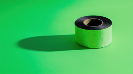 This stock photo features a roll of black and neon green tape sitting on a bright green surface, casting a soft shadow, perfect for creative projects.の素材