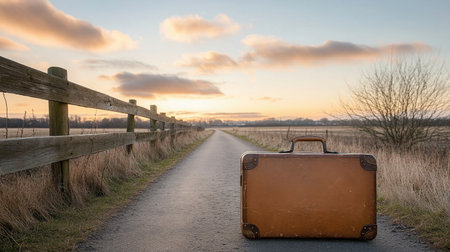 A vintage suitcase rests on a rustic pathway, surrounded by tranquil nature at sunset. The scene evokes nostalgia and adventure, inviting exploration.の素材