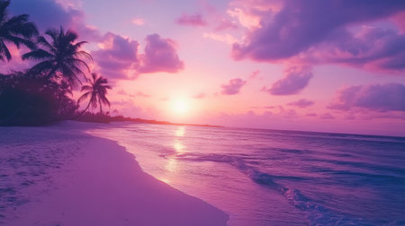 Experience the tranquility of a serene sunset over a tropical beach, where gentle waves meet soft sand under vibrant pink and purple skies.の素材