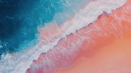 This stunning aerial image captures the beauty of gentle waves meeting a colorful sandy beach at sunset, creating a tranquil coastal scene perfect for relaxation.の素材