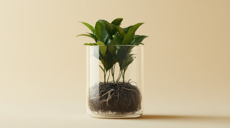 A stunning indoor plant displayed in a transparent glass container, showcasing its intricate roots and lush green leaves, perfect for home decor enthusiasts.の素材