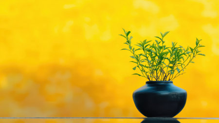 A serene indoor scene featuring a green plant in a sleek black vase against a vibrant yellow background. This image captures tranquility and beauty, perfect for decor or wellness themes.の素材