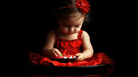 A charming young girl in a vibrant red dress engages with an array of colorful sweets on a dark background, capturing innocence and delight.の素材