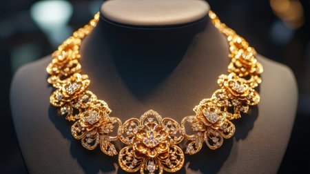 Stunning gold necklace featuring intricate floral patterns and sparkling rhinestones, ideal for fashion photography showcasing luxury and elegance.の素材