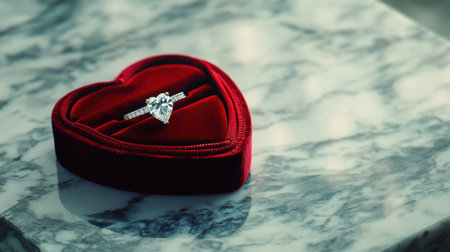 A stunning heart-shaped diamond ring nestled in a luxurious velvet box, set against a beautiful marble surface, symbolizing love and commitment.の素材