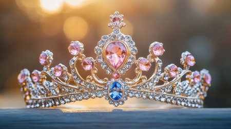 A stunning golden tiara graced with dazzling pink and blue gemstones catches the light beautifully, making it an ideal accessory for any royal-themed photoshoot or creative project.の素材