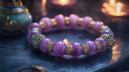 A beautifully crafted purple gemstone bracelet with gold and green accents surrounded by warm candlelight, showcasing elegance and artistic design.の素材