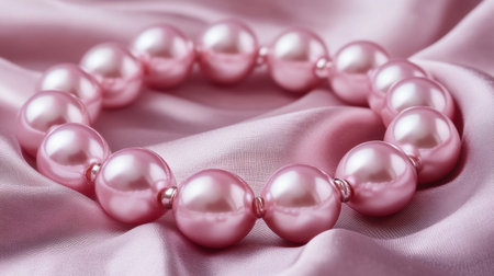 This captivating image features a pink pearl necklace gracefully resting on smooth satin. It embodies elegance and beauty, perfect for luxury jewelry themes.の素材