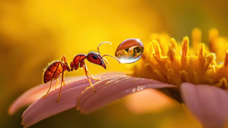 A stunning close-up photograph showcasing an ant perched on a flower petal with a water droplet, highlighting intricate details in nature.の素材