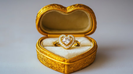 A stunning heart-shaped engagement ring resting in an exquisite gold box. This elegant piece captures the essence of love, making it a perfect romantic gift.の素材