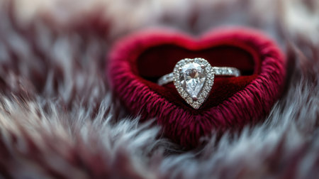 A stunning heart-shaped diamond ring presented on a rich red plush background. Ideal for romantic occasions, weddings, and special celebrations.の素材