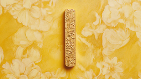 This captivating image features a beautifully carved wooden object placed against a vibrant yellow floral background, highlighting artistic details and elegance.の素材