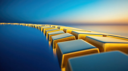 A stunning composition of gold bars reflecting vibrant hues of a sunset over a calm water surface. This image symbolizes luxury and wealth, perfect for artistic applications.の素材