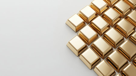 This image features a detailed arrangement of golden bars on a clean white surface, reflecting luxury and wealth. Perfect for finance and investment themes.の素材