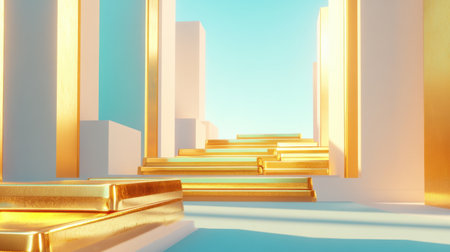 A captivating scene featuring a golden pathway lined with gleaming blocks, set against a serene blue sky. This surreal minimalist landscape evokes feelings of tranquility and elegance, perfect for inspiring creativity and exploration.の素材