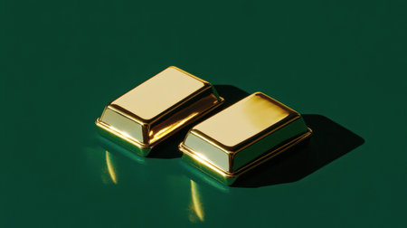 Two gleaming gold bars lie on a rich green background, their polished surfaces reflecting soft light and creating elegant shadows. Perfect for finance and investment themes.の素材