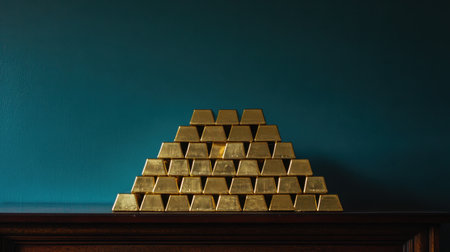 This captivating image features a neat arrangement of gold bars on a dark wooden shelf, set against a striking deep teal wall, representing wealth.の素材
