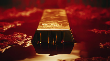 A striking image of a glossy gold bar surrounded by rich red liquid, evoking themes of luxury and wealth with dramatic lighting and vibrant colors.の素材